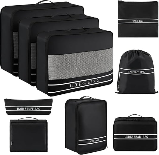 9 Set Packing Cubes Luggage Packing Organizers for Travel Accessories Space Saving Travel Bags for Carry On, Lightweight Mesh Zipper, Clothes, Shoes, Laundry and Shoe Bag, Suitcases (BLACK)