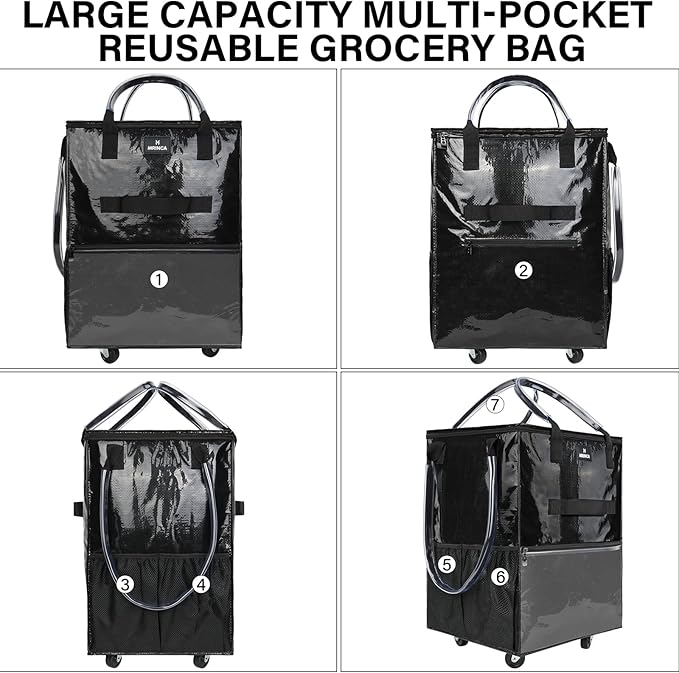 Large Rolling Tote Bag with Wheels, 130L Foldable Shopping Cart & Grocery Bag, 5 Swivel Wheels & 3 Handles, Multiple Pockets & Zippered Closure, Heavy Duty for Laundry, Moving, Travel, Camping, Black