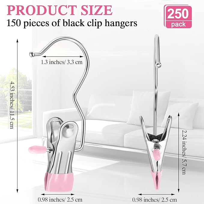 Yinder 250 Pcs Boot Hangers Clips Laundry Hooks Hanging Stainless Steel Clothes Pins Portable Clip Hangers for Closet Travel Socks Pants Handbags Hats Towels (Pink)