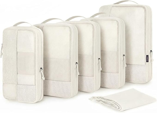 BAGSMART Compression Packing Cubes, Durable Travel Packing Cubes for Carry-On Suitcase, Lightweight Compressible Luggage Organizer Cruise Ship Travel Essentials, 6-Pack 1L+3M+1S+Shoe Bag, Light Beige
