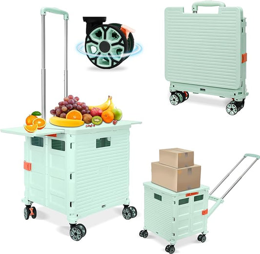 FELICON SELORSS Folding Utility Cart Rolling Crate Tote Basket Box Storage Handcart on 4 Swivel Wheels with Adjustable Handle Extended Magnetic Lid for Teacher Move Shop Travel Grocery Office(Green)