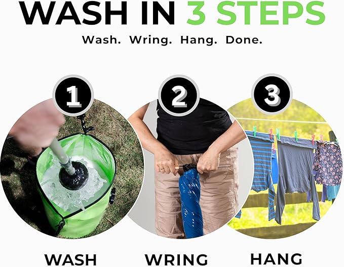 All in One Hand Wash Bag and Plunger Set - Off Grid Washing Machine Non Electric for Camping Travel | Eco Friendly Portable Manual Clothes Washer Laundry Bag for RV's (Medium)