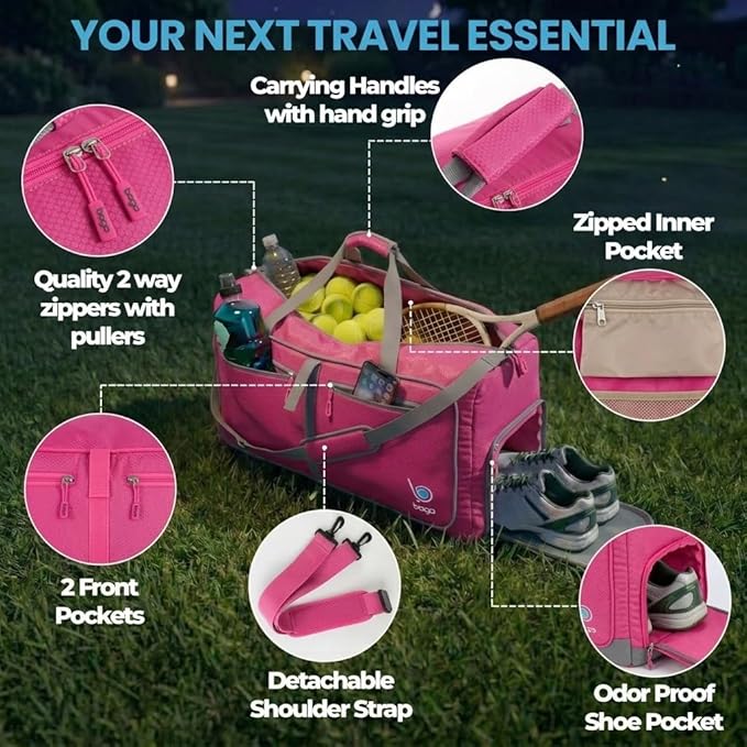 Bago Medium Duffle Bag for Travel Women & Men. Durable Lightweight Foldable Travel Duffel Bags For Traveling Women. 60L Duffle Bags For Overnight Bag With Shoe Compartment Collapsible Weekender duffel