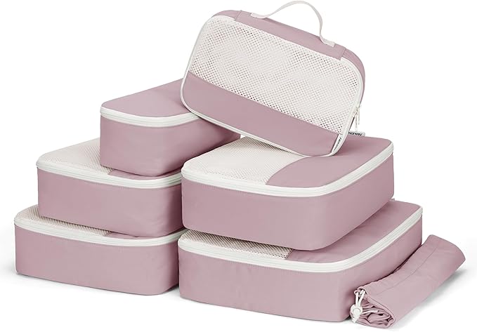 Narwey 7 Set Packing Cubes for Travel Carry on Suitcase Luggage Organizer Bags for Kids Women Men, Durable Packing Organizers Bag, Travel Essentials Accessories (Dusty Pink)