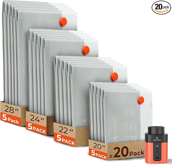 ETENWOLF 20 Pack Vacuum Seal Bags for Clothing with Rechargeable Wireless Pump,Travel Vacuum Storage Bags for Luggage and Suitcase Space Saver Compression Bags in 4 Carry-On Sizes (20/22/24/28Inch)