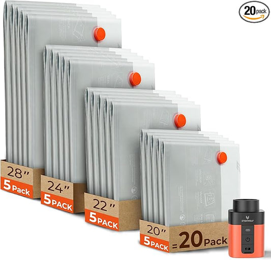 ETENWOLF 20 Pack Vacuum Seal Bags for Clothing with Rechargeable Wireless Pump,Travel Vacuum Storage Bags for Luggage and Suitcase Space Saver Compression Bags in 4 Carry-On Sizes (20/22/24/28Inch)