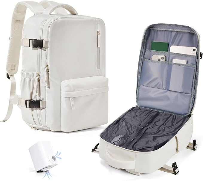WONHOX Vacuum Seal Backpack for Travel with Air Pump Compression Daypack Personal Item Carry on Flight Approved Vacpack Laptop Space Saver Bags Storage with Vacuum System Travel Bag Women Men Beige