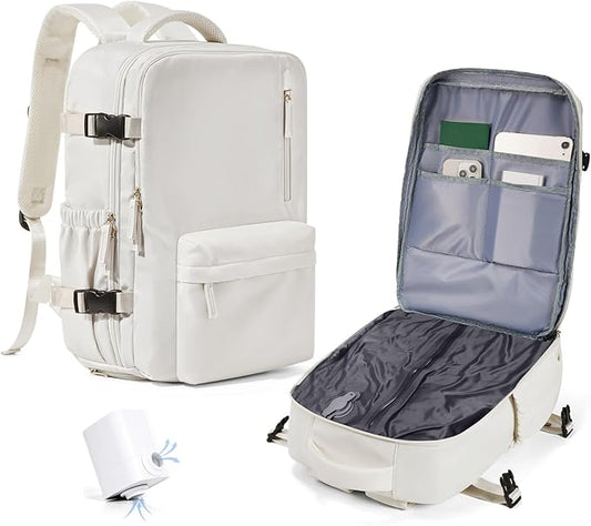 WONHOX Vacuum Seal Backpack for Travel with Air Pump Compression Daypack Personal Item Carry on Flight Approved Vacpack Laptop Space Saver Bags Storage with Vacuum System Travel Bag Women Men Beige