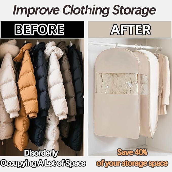 Space Saving Hanging Garment Bag with Self Compression Zipper，Dust Cover Clothes Bags for Down Coat,Dress,Suit，Closet Storage Organizer for Home Travel Use (Beige, Medium)