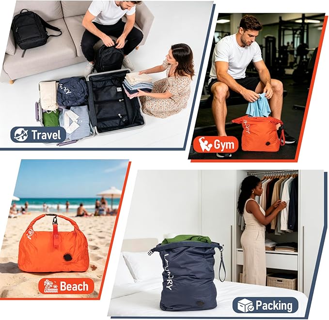WiseBoy Compression Laundry Bag 2 Pack, Pump-Free Travel Laundry Bag for Dirty Clothes, Waterproof Wet Dry Bag, Space Saving Packing Organizer for Suitcase, Gym & Swim (Navy Blue & Orange)