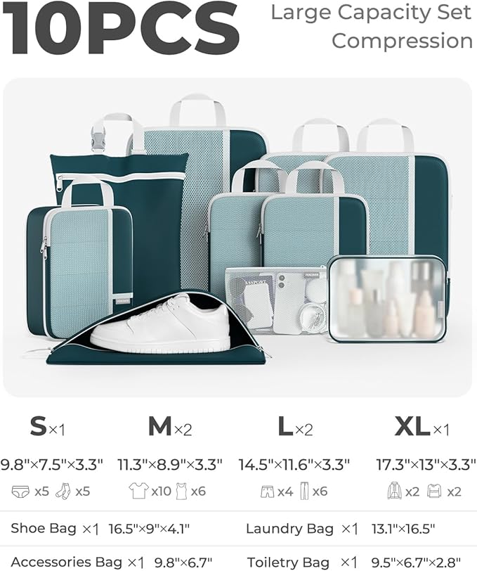 Percover Compression Packing Cubes for Travel, 10-Piece Structured Compression Organizer Set with Toiletry Bag, Laundry Bag & Shoe Bag for Carry-On & Checked Luggage, Peacock Green