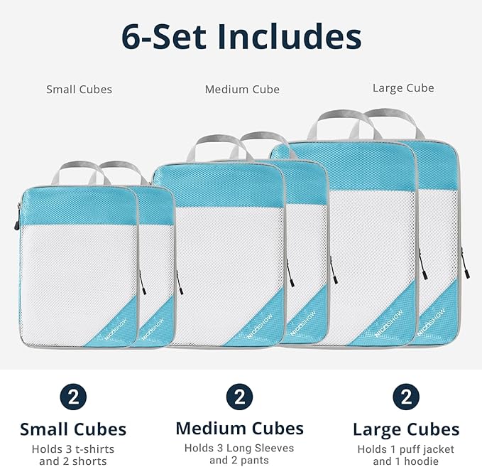 NICOSHOW Compression Packing Cubes 6 Set, Compressible Space-Saving Packing Cubes for Travel - Compression Bags, Luggage Organizer, Travel Essentials for Women, Teal