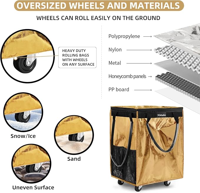 (Medium, Gold) Reusable Grocery Bag on 4 Wheels, Foldable Rolling Tote Carries Up to 66lb Shopping Trolley, Rolling Bag with 3 Handles, Zipper Clouser Rolling Tote Bag with Wheels for Laundry