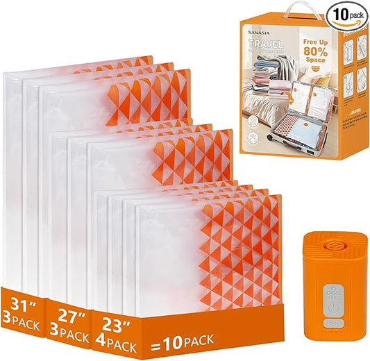 10 Pack Vacuum Storage Bags with Wireless Rechargeable Pump, Compression Packing Bags for Travel and Luggage, Space Saver Vacuum Seal Bags for Clothes & Suitcase and Carry-On Sizes