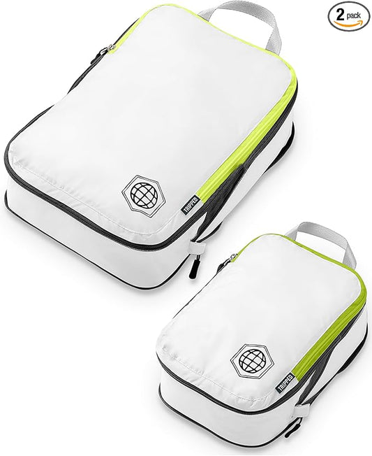 Compression Packing Cubes for Travel, 2-Piece Lightweight Packing Cubes Set for Carry-On Luggage & Backpacks – TRIPPED Travel Gear (White and Green)