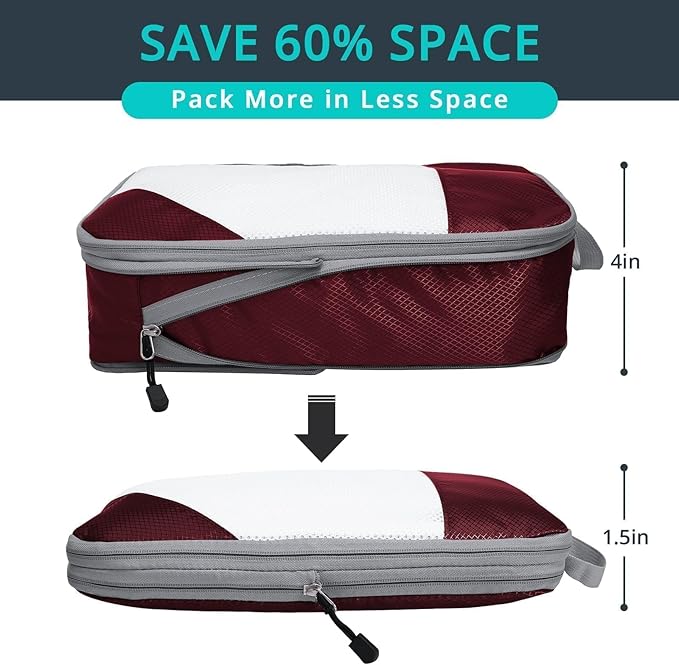NICOSHOW 6 Set Compression Packing Cubes for Travel - Compressible, Lightweight, and Space-Saving Packing Cubes, Travel Essentials for Women, Wine