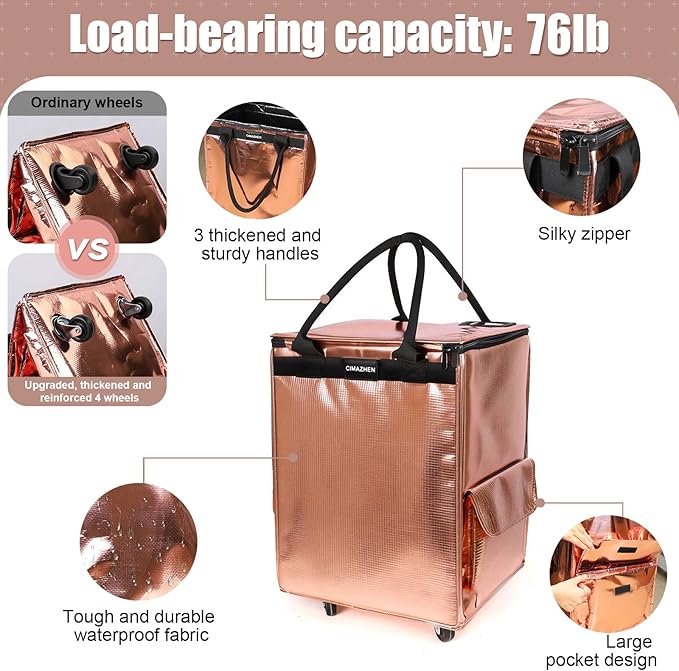 (Medium,Rose Gold) Reusable Grocery Bag on 4 Wheels, Foldable Rolling Tote Bag with 3 Handles and Zipper, Storage Organizer for Groceries, Rolling Shopping Cart for Travel, 76lb
