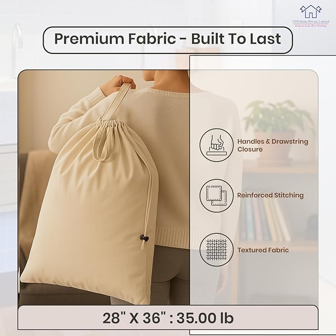 LFH Home Large Premium 100% Cotton Canvas Laundry Bag with Drawstring and Handles Heavy Duty, Multi-Use, and Washable for Home, Travel, College or Storage 28x36 (Pack of 4)-Natural