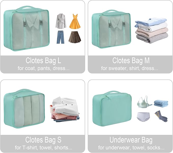 Vercord 8 Set Travel Packing Pods Luggage Organizers Cubes with Laundry Bags Accessories