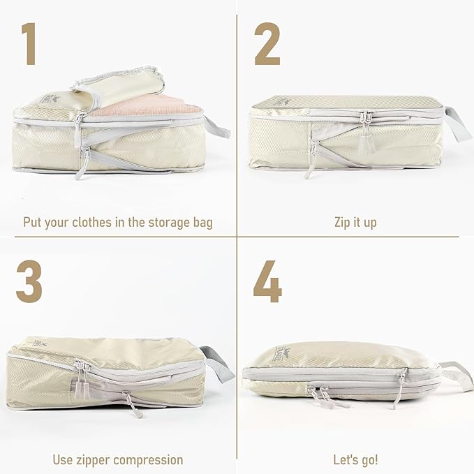 4 Set Compression Packing Cubes, Suitcase Organizer, Lightweight Travel Essentials, Compression Bags For Travel Accessories Luggage Storage Set (4 Pcs, Beige)
