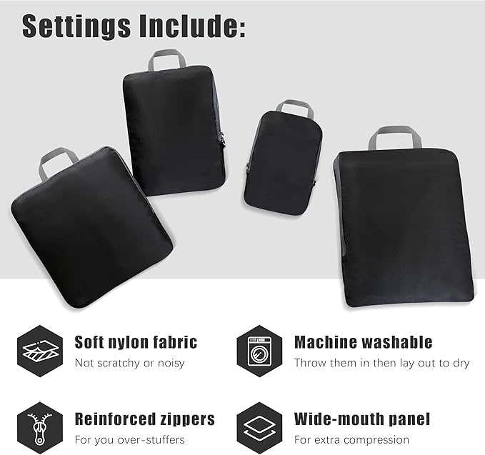 PANDA JOYS 4 Set Compression Packing Cubes Travel - Travel Accessories Expandable Packing Organizers for Carry On - Essentials Luggage Bags - Black