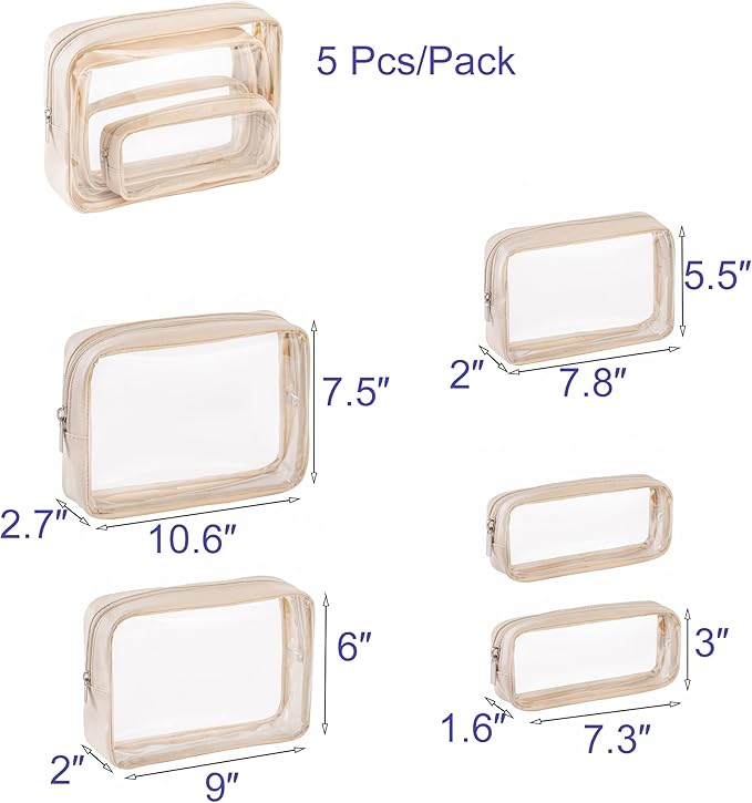 Remobia Hicol TSA Approved 5-Piece Diaper Bag Organizer Pouch Set Clear Waterproof TPU Kids Toiletry Storage Set Travel Packing Clutch Cube Bags for Baby Nursing(Cream leather)