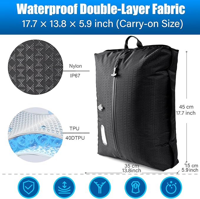 Travel Vacuum Bags with Pump–Electric Wireless Air Pump, Carry-on Size Vacuum bags for Travel, Double Layer for Luggage with IP67 Waterproof (2PC+Pump)