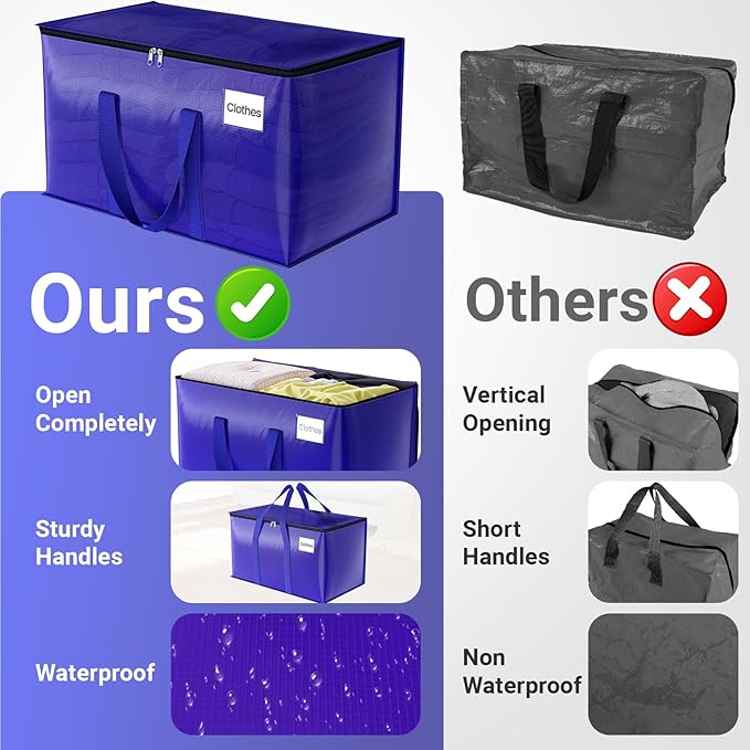 FabSpace Moving Storage Bags, Moving Supplies Packing Boxes for Moving, Camping, College Dorm Room Essentials for Girls, Blue Tote Bags, Heavy-Duty Storage Bins With Lids And Zippers, 93L 6 Pack