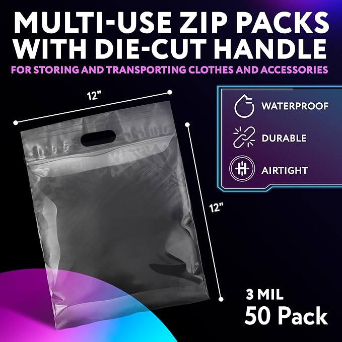 APQ Die Cut Zipper Bags, 12 x 12 Inches. Pack of 50 Clear Polyethylene Die Cut Handle Reclosable Zip Bags for Clothes, Tools. 3 Mil Thick Durable Reclosable Plastic Pouches With Zipper Closure