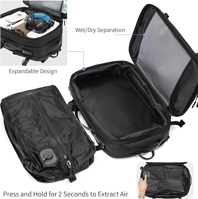 Vacuum laptop bag Compression Backpack Expandable, TSA-Approved Carry-On Water-Resistant Design for Travel with air pump (Built in pump, Large)