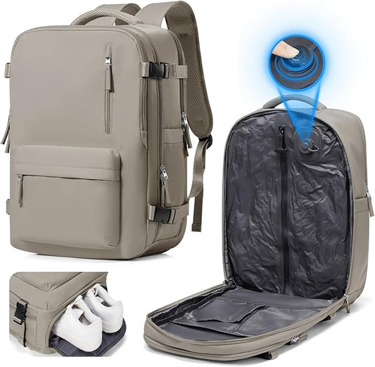 Vacuum Seal Travel Backpack Built-in Pump,Air Compression System Vacuum Vacpack Backpack Travel Bag for Women Men Carry On Suitcase Luggage Laptop Airlines Approved Daypack Space Saver Bags Grey Brown