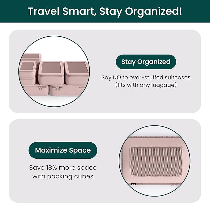 NOBL Travel Compressible Packing Cubes Set, 6 Pieces Travel Packing Organizers, Compression Luggage Cubes for Suitcases & Carry On, Space Saving (XXS, XS, S, M, L, XL) - Blush
