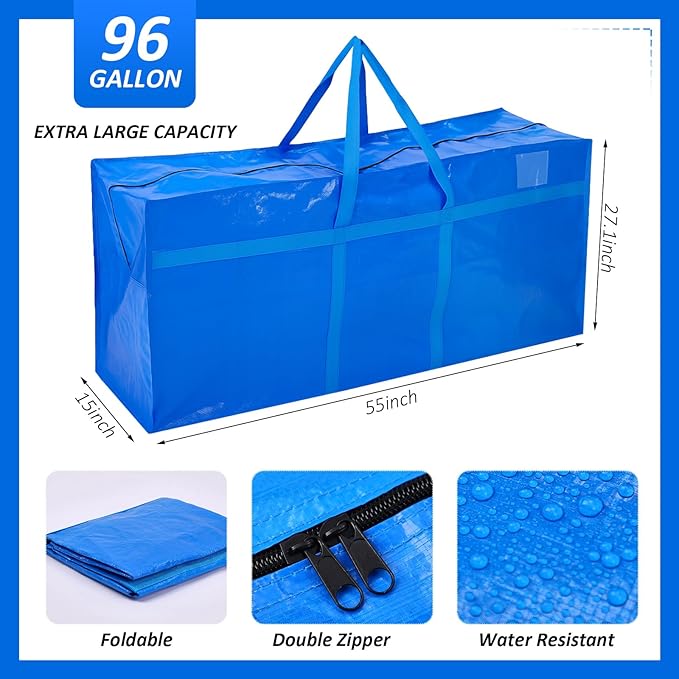 6 Pcs 96 Gallon Extra Large Moving Bags Heavy Duty Storage Bag with Strong Zipper Handle Foldable XXL Jumbo Storage Tote Packing Moving Box for College Dorm Travel Cloth Duffle (Blue)