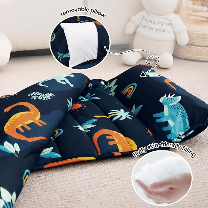PHF Navy Dinosaur Toddler Nap Mat Set, with Removable Pillow for Toddler Boys, Soft and Lightweight for Daycare, Preschool, Travel, Kindergarten Sleeping Bag, Fits Ages 3-6 Years, Large Navy Dinosaur