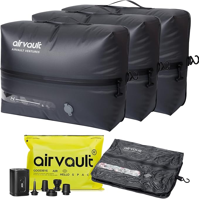 AirVault Reusable Vacuum Compression Travel Bag for Carry-On Suitcase and Backpack, Recycled IP67 Waterproof Space Saver Vacpack (18L Gray (3-Pack) (Air Pump Included)