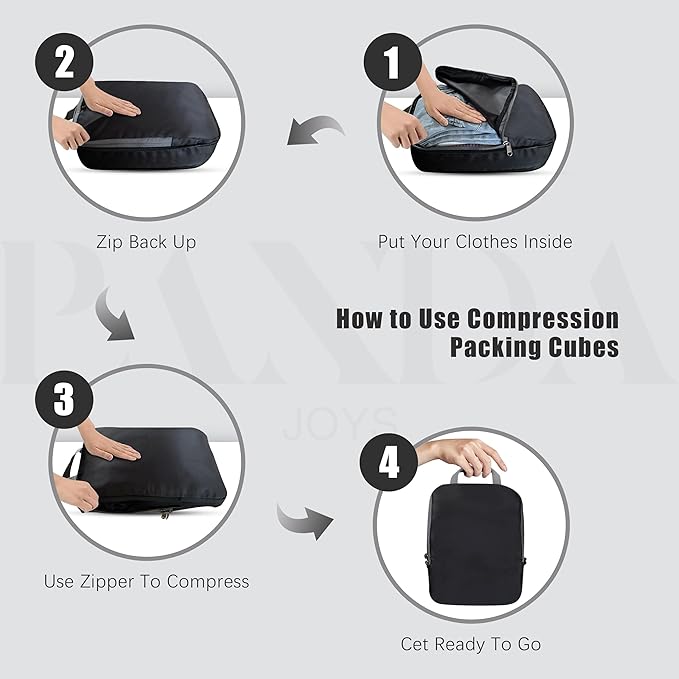 PANDA JOYS 4 Set Compression Packing Cubes Travel - Travel Accessories Expandable Packing Organizers for Carry On - Essentials Luggage Bags - Black