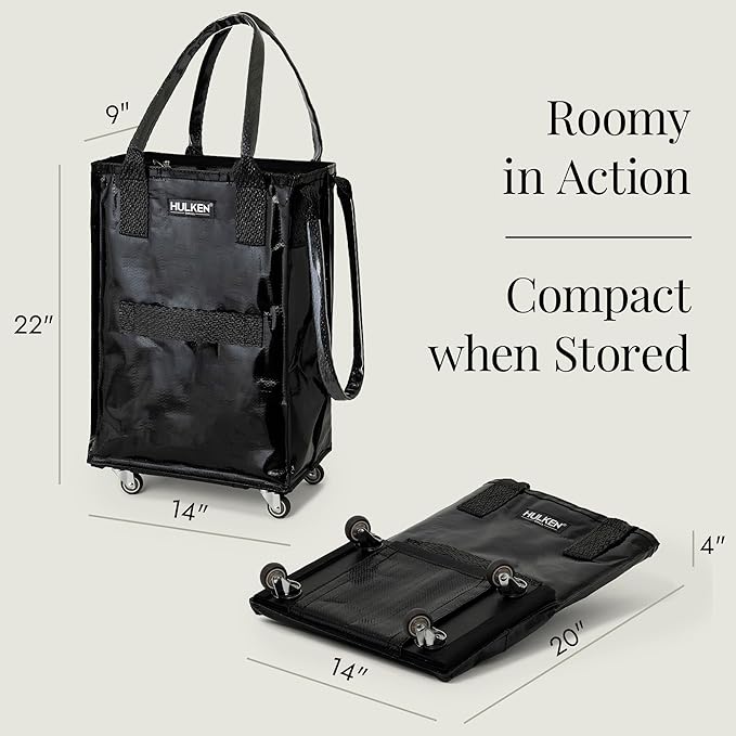 HULKEN (Small, Black) Reusable Grocery Bag On Wheels, Shopping Trolley, Rolling Tote, Zipper Closure, Lightweight, Carries Up to 66 lb, Folds Flat