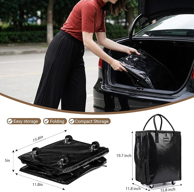 Reusable Hauler Rolling Tote Bag, Collapsible Portable Shopping Cart with Wheels for Groceries, Apartments Laundry, Organization , Heavy Duty Utility Tote, Basket with Wheels, Travel and Moving, 75lbs