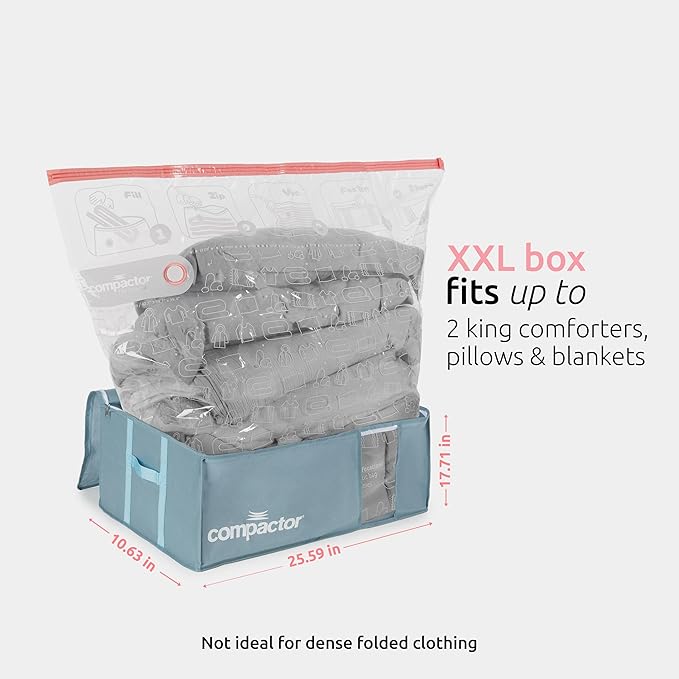 Compactor Vacuum Storage Bag with Semi-Rigid Box, Closet Organizer, Vacuum Seal Bags for Clothing and Bedding, Fits All Vacuum and Nozzle Types, 210L, Blue, XXL