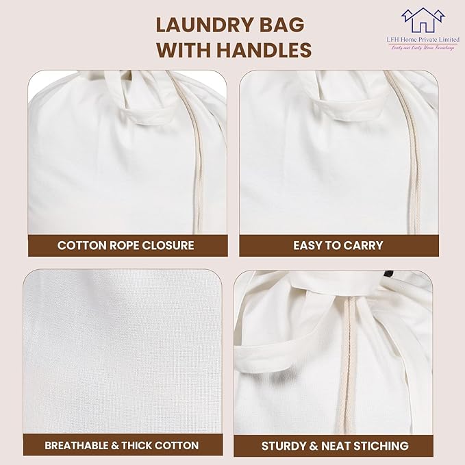 LFH Home Cotton Canvas Large Laundry Bag with Handle, Heavy Duty Drawstring Closure Washable Laundry Bags, School Travel, Home, Hotel, College Dorm, Organizer Sack, Toy Clothes 20x30 (Pack of 2)-White