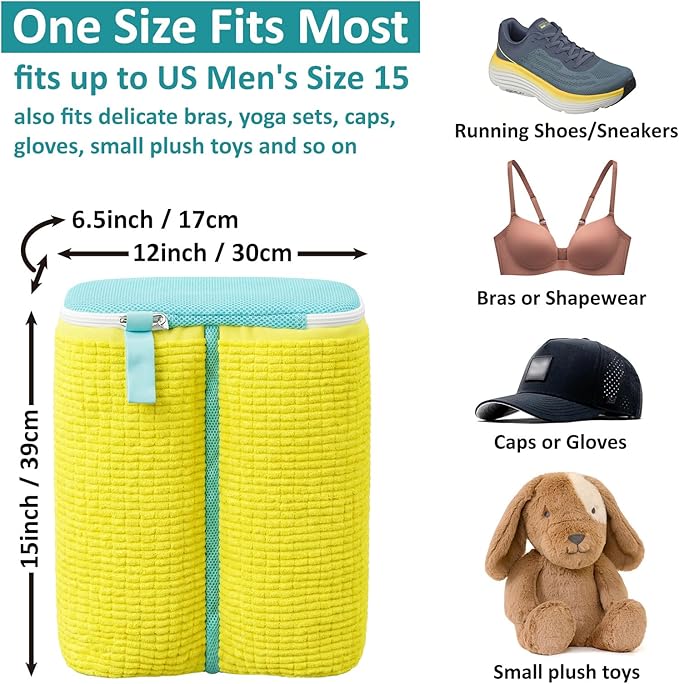 Upgraded Dual Compartment Shoe Washing Machine Bag, 420g Heavy-Duty Sneaker Laundry Bags with Clasp-Lock Zipper, Thick Chenille & Reinforced Seams for Maximum Protection, Yellow/Blue, 2-Pack