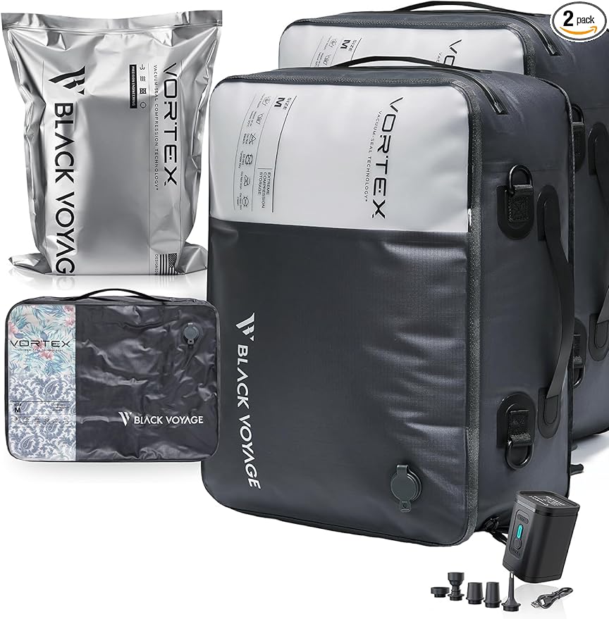 Black Voyage Reusable Vacuum Compression Travel Bag for Carry-On Suitcase and Backpack, Recycled IP67 Waterproof Space Saver Vacpack (2-Pack, 21L - Pump Included)