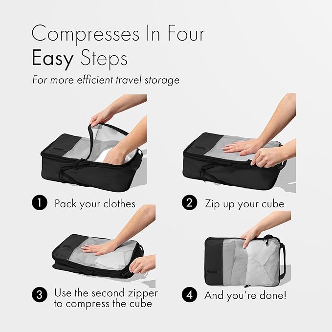 (Not Made In China) 6pc Compression Packing Cubes For Travel, Suitcase and Luggage Space Saver Organizer Bags, Lightweight, Waterproof, Durable, Black