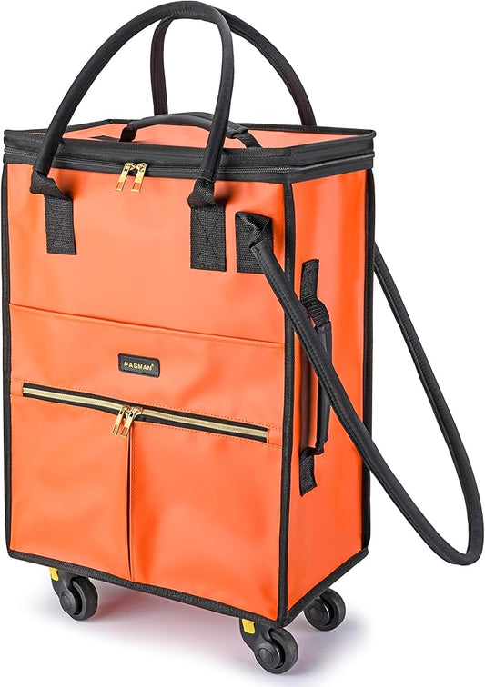 Reusable Grocery Bag on Wheels, Foldable Rolling Duffle Bag, Carry on Luggage Bag with Handle and Zipper Cover for Travel, Lightweight Rolling Tote Shopping Carts (Matte-Orange, Small_41L)