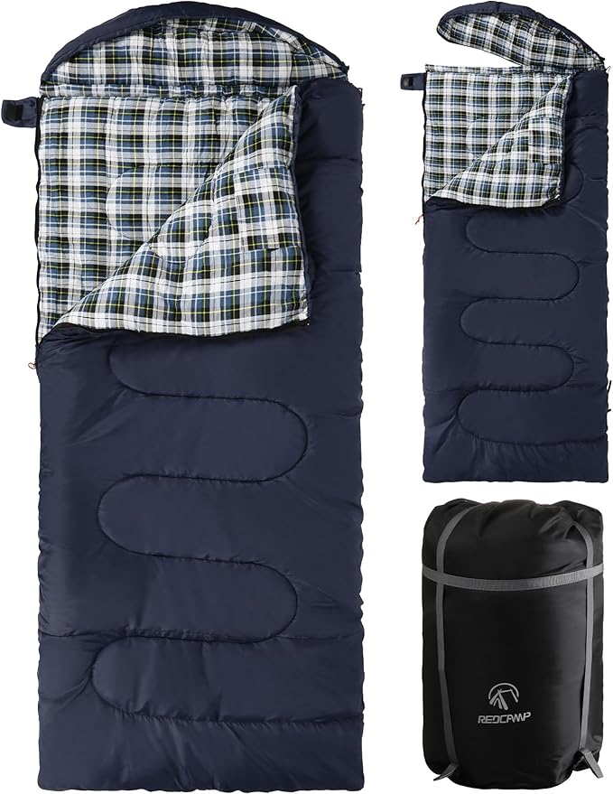 REDCAMP Flannel Sleeping Bag for Adults, Comfortable Cotton Envelope Sleeping Bags for Camping, Backpacking, Hiking, with Detachable Hood&Compression Sack, Blue/Red/Grey/Black