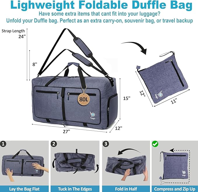 Bago Large Duffle Bag for Travel Women & Men. Durable Lightweight Foldable Travel Duffel Bags For Traveling Women. 80L Duffle Bags For Overnight Bag With Shoe Compartment Collapsible Weekender duffel