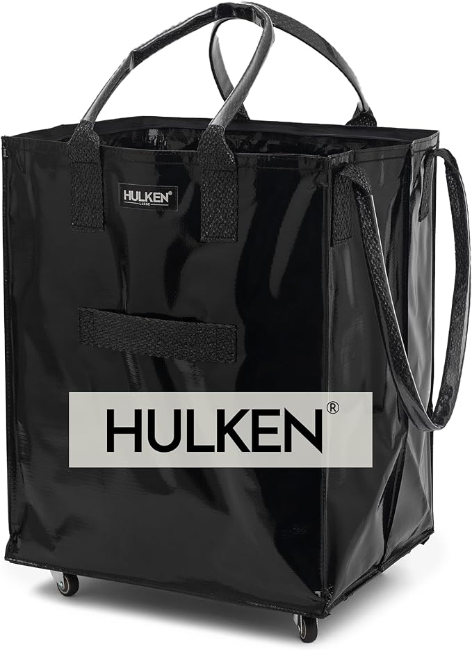 HULKEN - Large, Black - Reusable Grocery Bag On Wheels, Shopping Trolley, Rolling Tote, Zipper Closure, Lightweight, Carries Up to 66 lb & Fits 5 Grocery Bags, Folds Flat, Unbreakable Handles