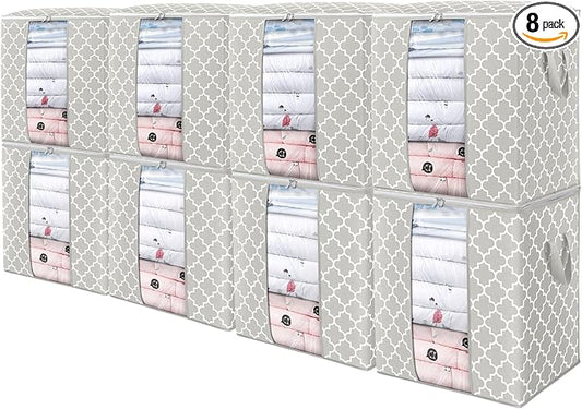 WISELIFE Storage Bags 8 Pack/100L Large Blanket Clothes Organization and Storage Containers for Comforters,Bedding, Foldable Organizer with Reinforced Handle, Clear Window, Sturdy Zippers,Lvory