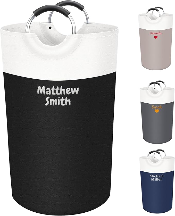 Personalized Laundry Basket with Name, Embroidered Large Laundry Hamper, Collapsible Laundry Baskets for College Dorm, Dirty Clothes Hamper, Waterproof Freestanding Laundry Bag with Handles 90L- Black