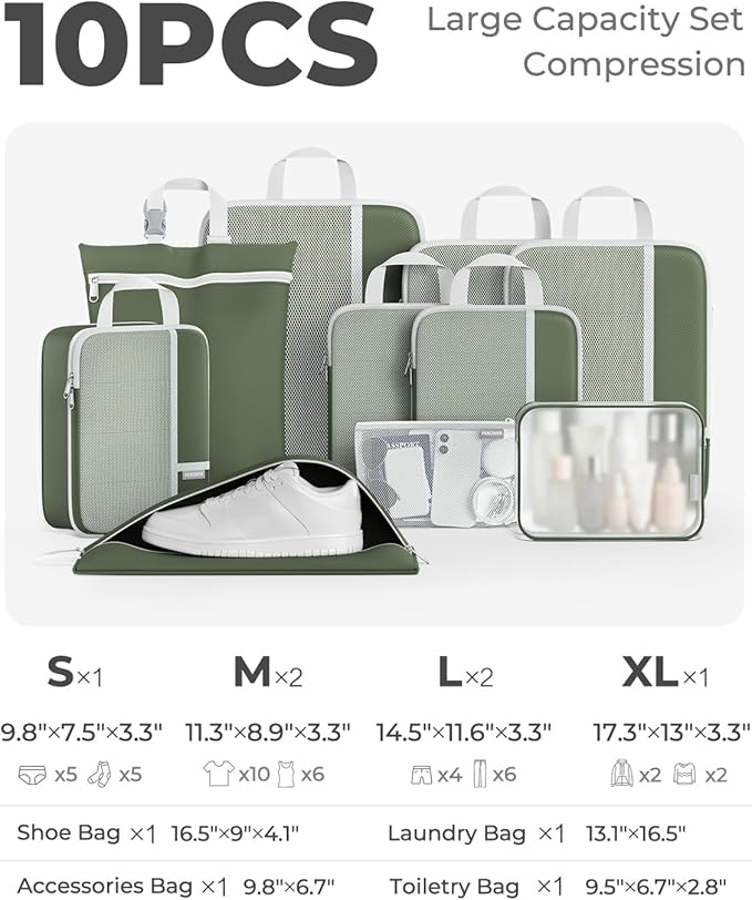 Percover Compression Packing Cubes for Travel, 10-Piece Structured Compression Organizer Set with Toiletry Bag, Laundry Bag & Shoe Bag for Carry-On & Checked Luggage, Green